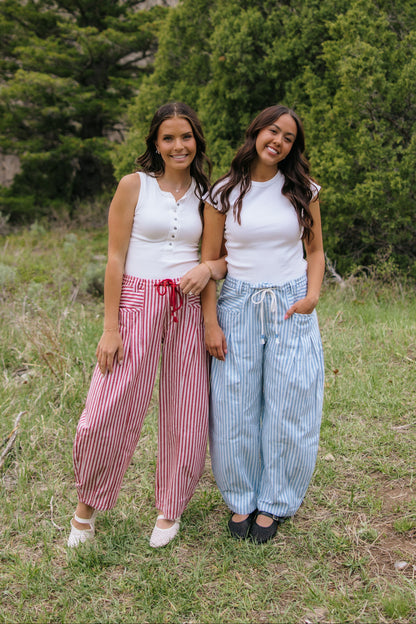 THE LENI STRIPED BARREL DENIM PANTS IN BLUE