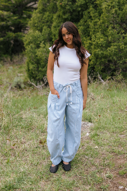 THE LENI STRIPED BARREL DENIM PANTS IN BLUE