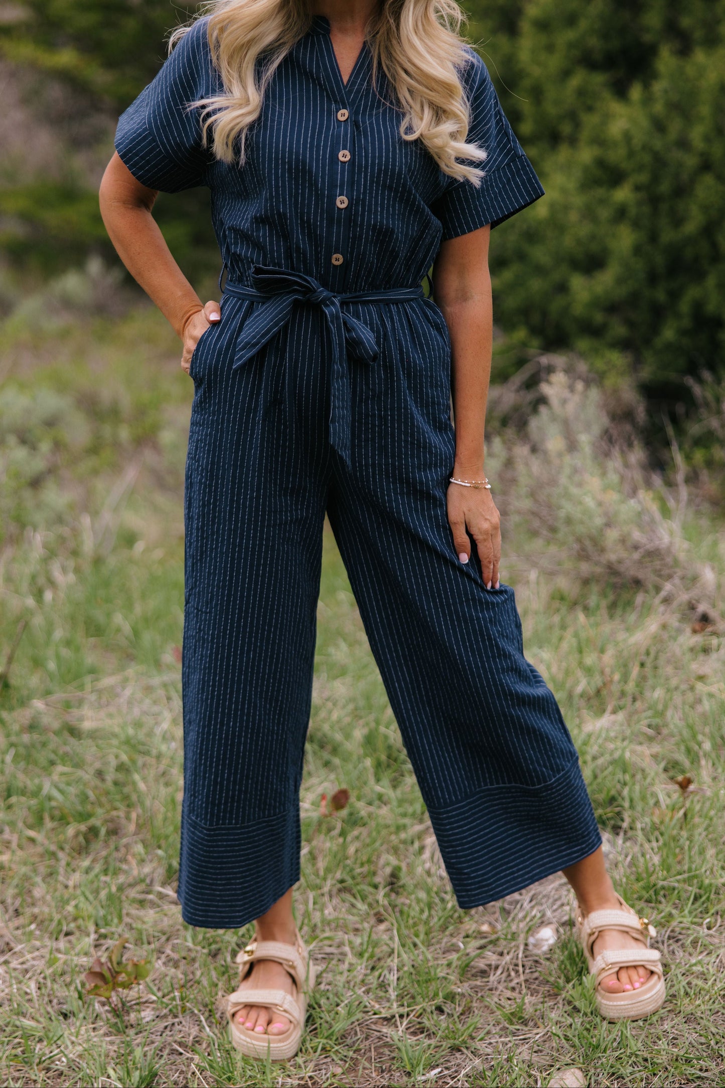 THE EMBER STRIPE JUMPSUIT IN NAVY