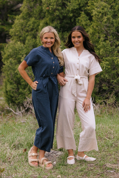THE EMBER STRIPE JUMPSUIT IN NAVY