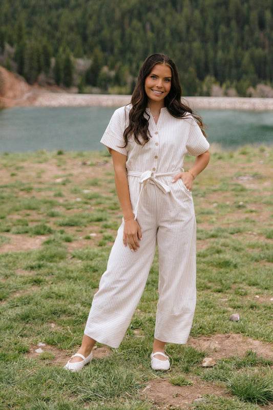 THE EMBER STRIPE JUMPSUIT IN OATMEAL