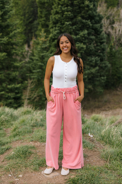 THE NORA FOLD OVER WAIST WIDE LEG SWEATPANT IN TAFFY PINK