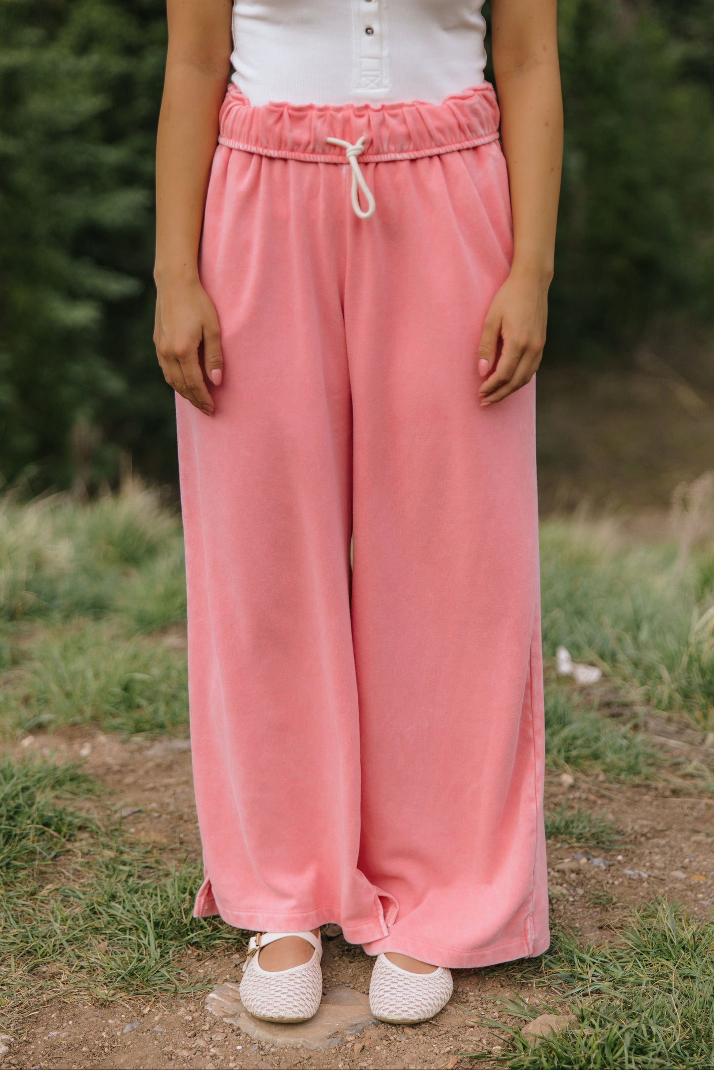 THE NORA FOLD OVER WAIST WIDE LEG SWEATPANT IN TAFFY PINK