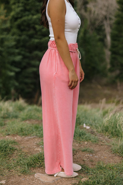 THE NORA FOLD OVER WAIST WIDE LEG SWEATPANT IN TAFFY PINK