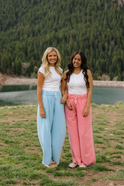 THE NORA FOLD OVER WAIST WIDE LEG SWEATPANT IN TAFFY PINK