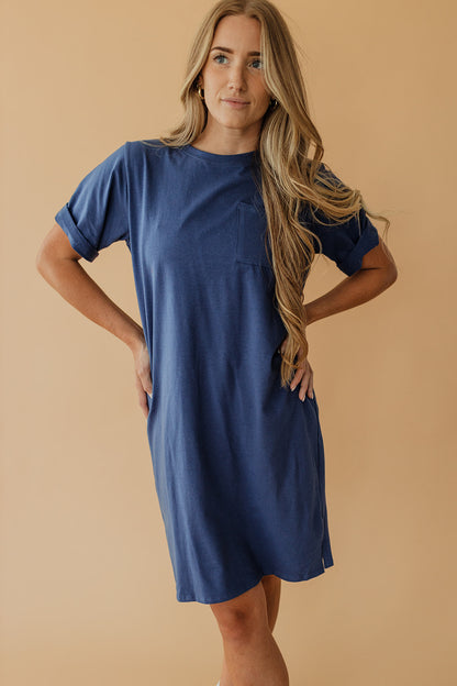 THE EASY DOES IT POCKET T-SHIRT DRESS BY PINK DESERT IN DENIM BLUE