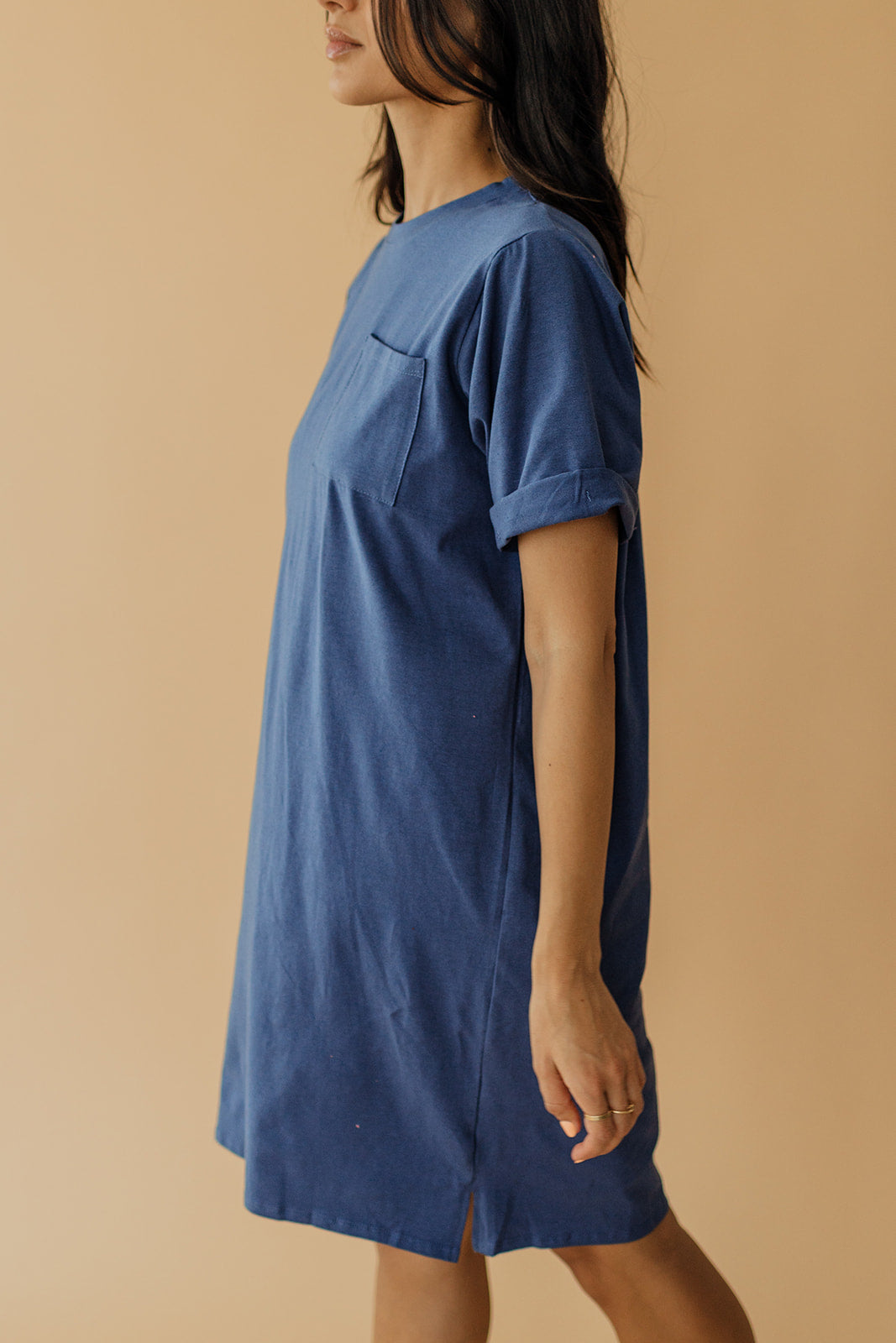 THE EASY DOES IT POCKET T-SHIRT DRESS BY PINK DESERT IN DENIM BLUE
