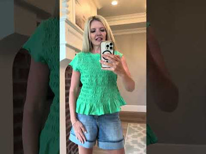 THE KENDRA SMOCKED KNIT TOP IN GREEN
