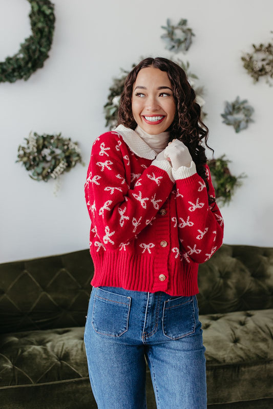 THE CLARRIE CROCHET KNIT CARDIGAN IN RED