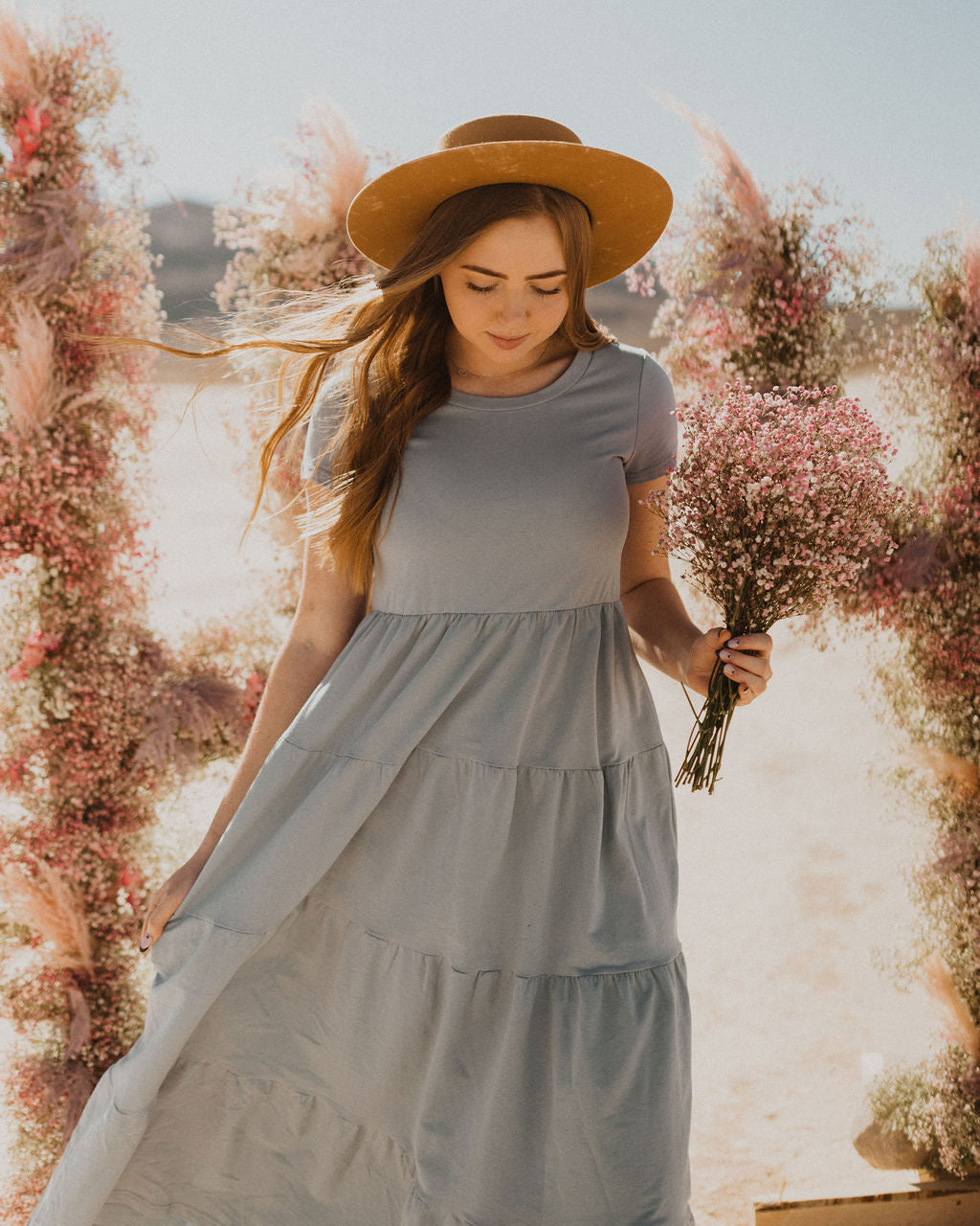 THE TURN BACK TIME TIERED MIDI DRESS IN LIGHT BLUE