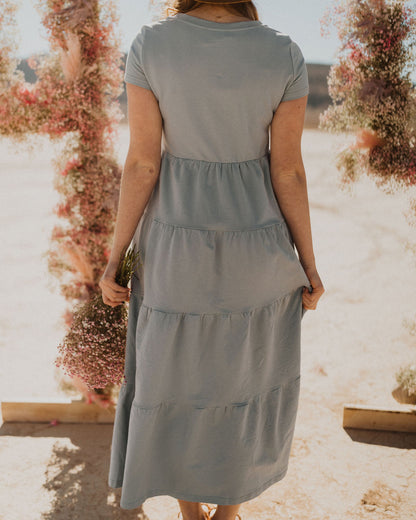 THE TURN BACK TIME TIERED MIDI DRESS IN LIGHT BLUE