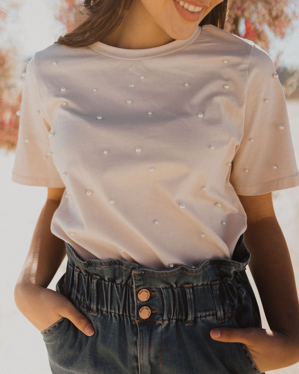 THE PRETTY IN PEARLS EMBELLISHED TOP IN BEIGE