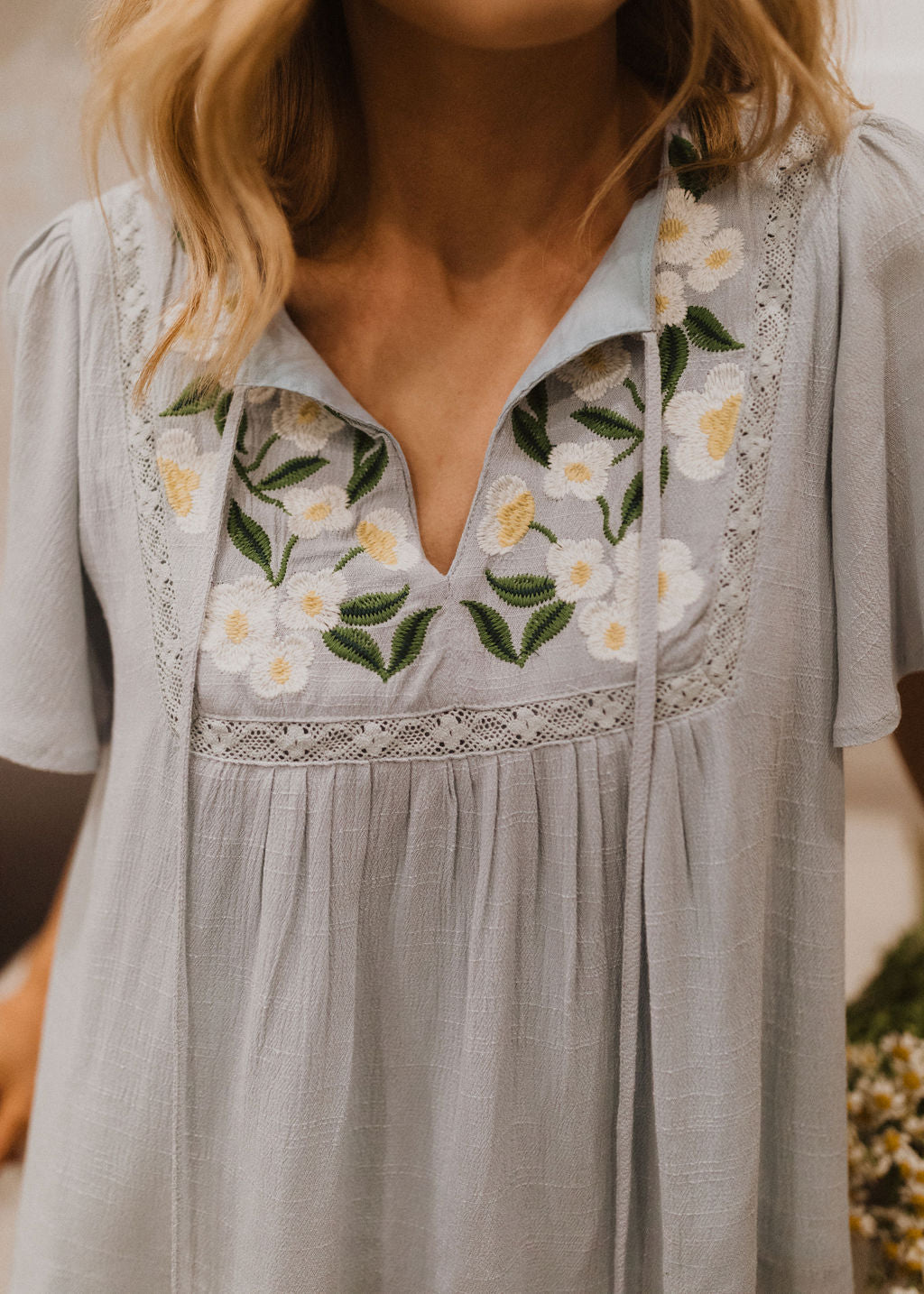 THE SPRINGTIME EMBROIDERED TOP IN DUSTY BLUE