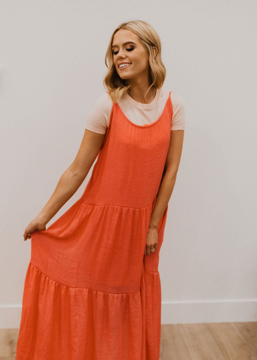 THE CARSON TIERED MAXI DRESS IN CORAL