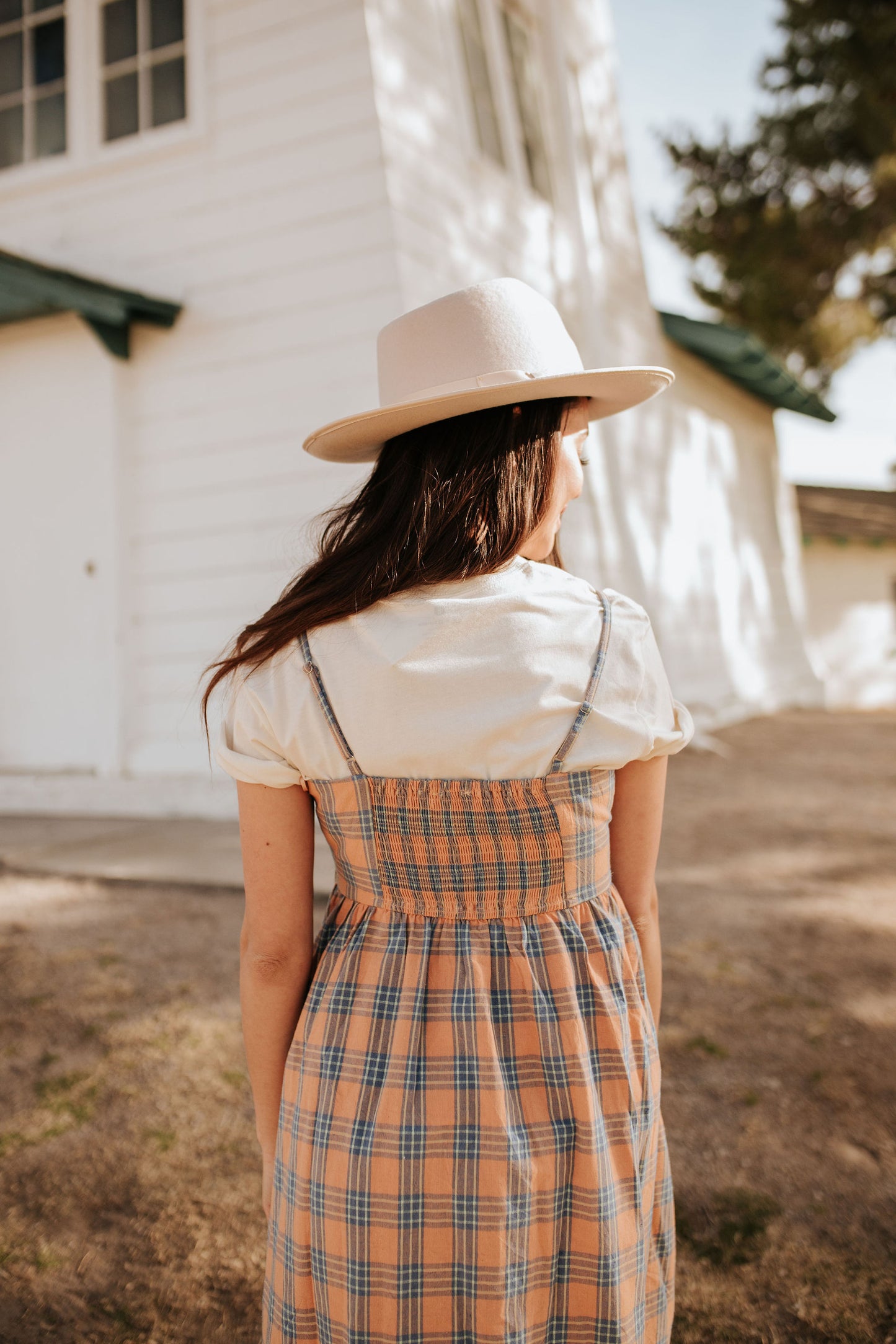 THE LET'S GO PLAID MIDI DRESS IN PEACH AND NAVY