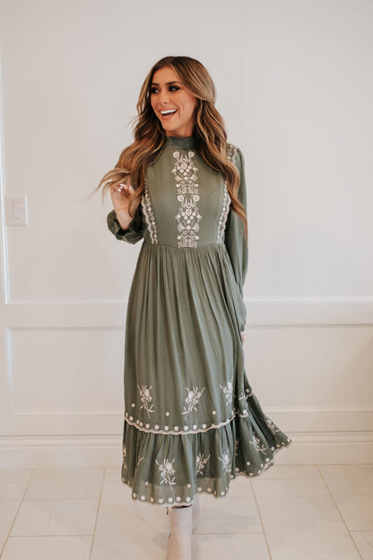 THE DIANA EMBROIDERED MIDI DRESS IN DUSTY OLIVE
