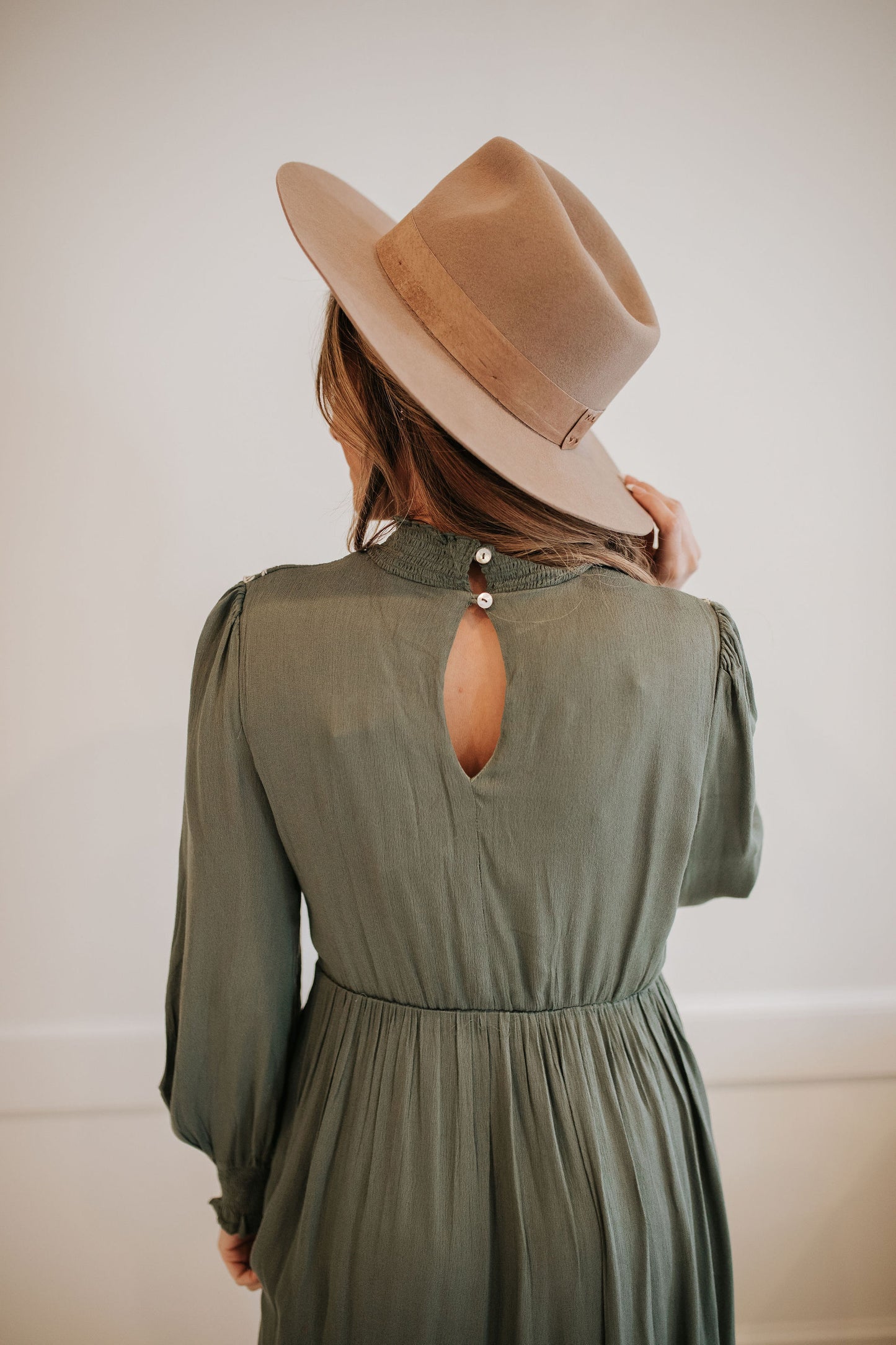 THE DIANA EMBROIDERED MIDI DRESS IN DUSTY OLIVE