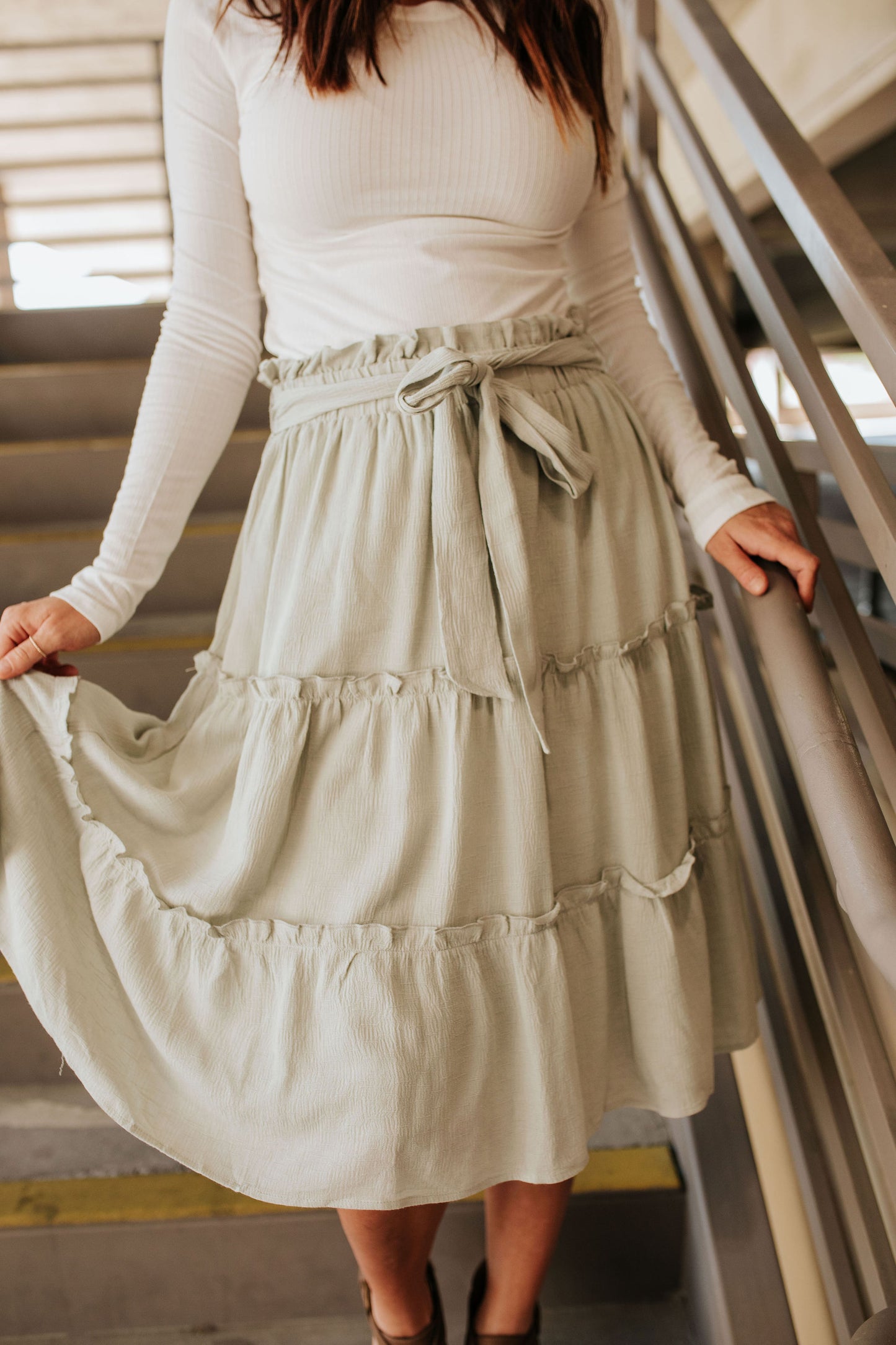 THE AFTERGLOW RUFFLE SKIRT IN LIGHT SAGE