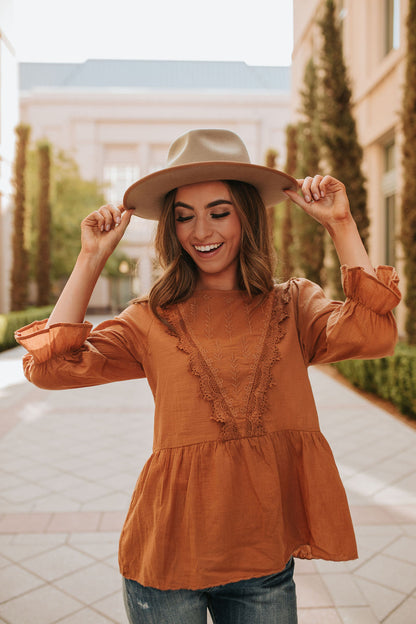 THE ELLIE EMBROIDERED TOP IN CAMEL