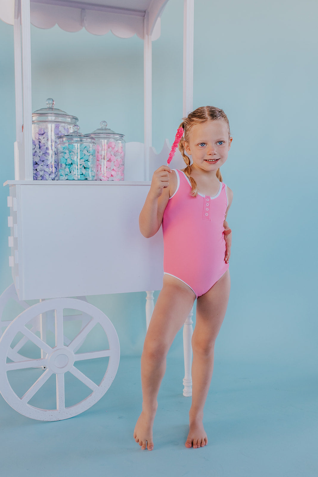 GIRLS BUTTON FRONT ONE PIECE IN COTTON CANDY PINK BY SARAH TRIPP X PINK DESERT