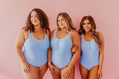 BUTTON FRONT ONE PIECE IN RIBBED COTTON CANDY BLUE BY SARAH TRIPP X PINK DESERT
