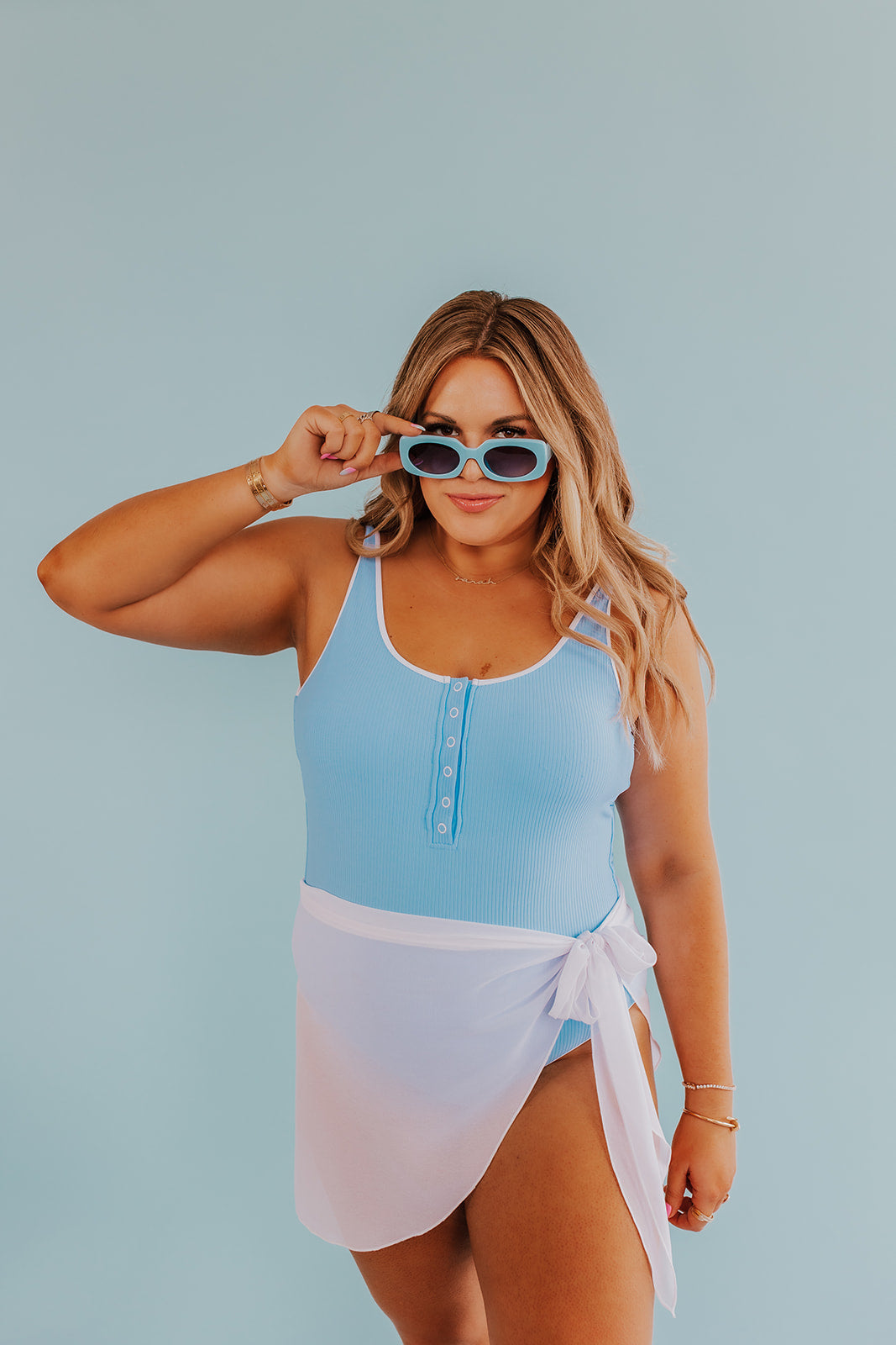 BUTTON FRONT ONE PIECE IN RIBBED COTTON CANDY BLUE BY SARAH TRIPP X PINK DESERT