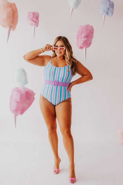 BELTED ONE PIECE IN COTTON CANDY STRIPE BY SARAH TRIPP X PINK DESERT