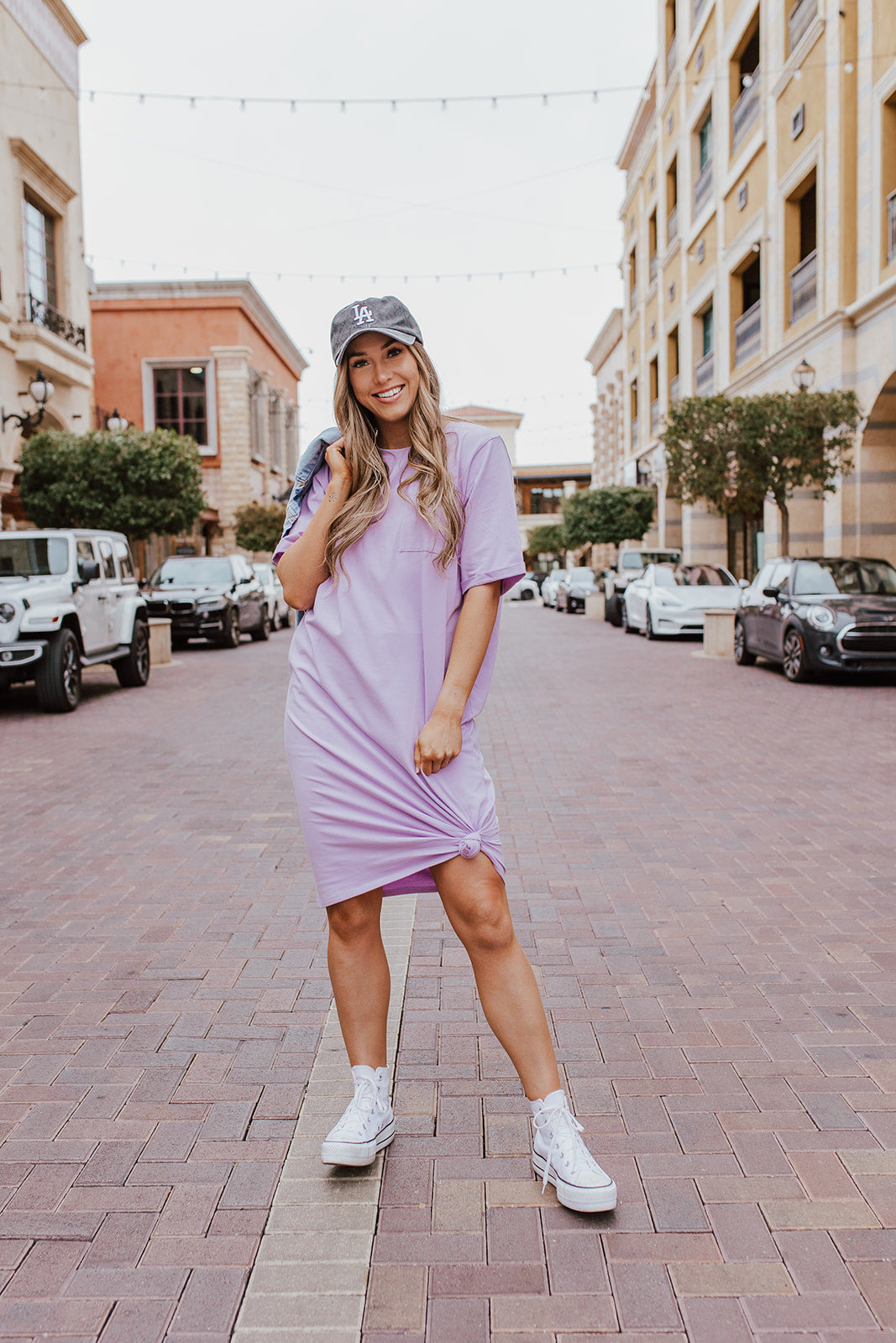 THE EASY DOES IT POCKET T-SHIRT DRESS BY PINK DESERT IN LAVENDER