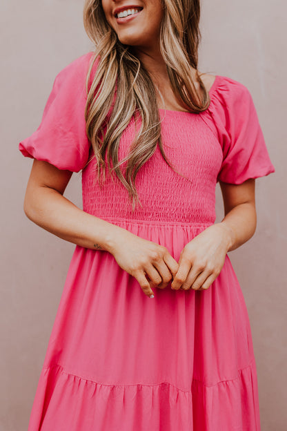 THE SWEET KISS SMOCKED MAXI DRESS IN TAFFY PINK BY PINK DESERT