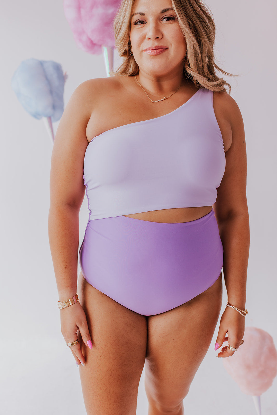 CUTOUT ONE PIECE IN LAVENDER COLOR BLOCK BY SARAH TRIPP X PINK DESERT