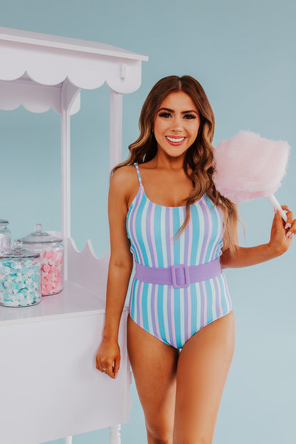 BELTED ONE PIECE IN COTTON CANDY STRIPE BY SARAH TRIPP X PINK DESERT