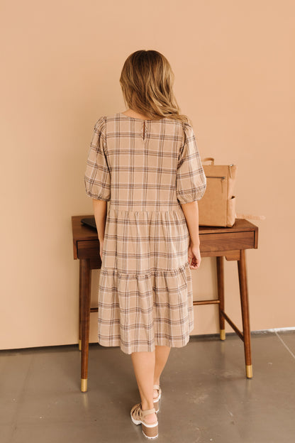 THE SCOTLYNN PLAID DRESS IN TAUPE