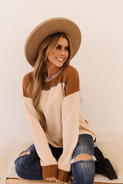 THE CADE COLOR BLOCK SWEATER IN TAN