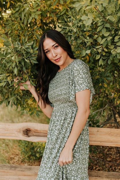 THE ESTELLE SMOCKED MAXI DRESS IN OLIVE