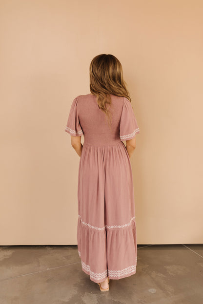 THE CANDLELIT DINNER EMBROIDERED MIDI DRESS IN MAUVE