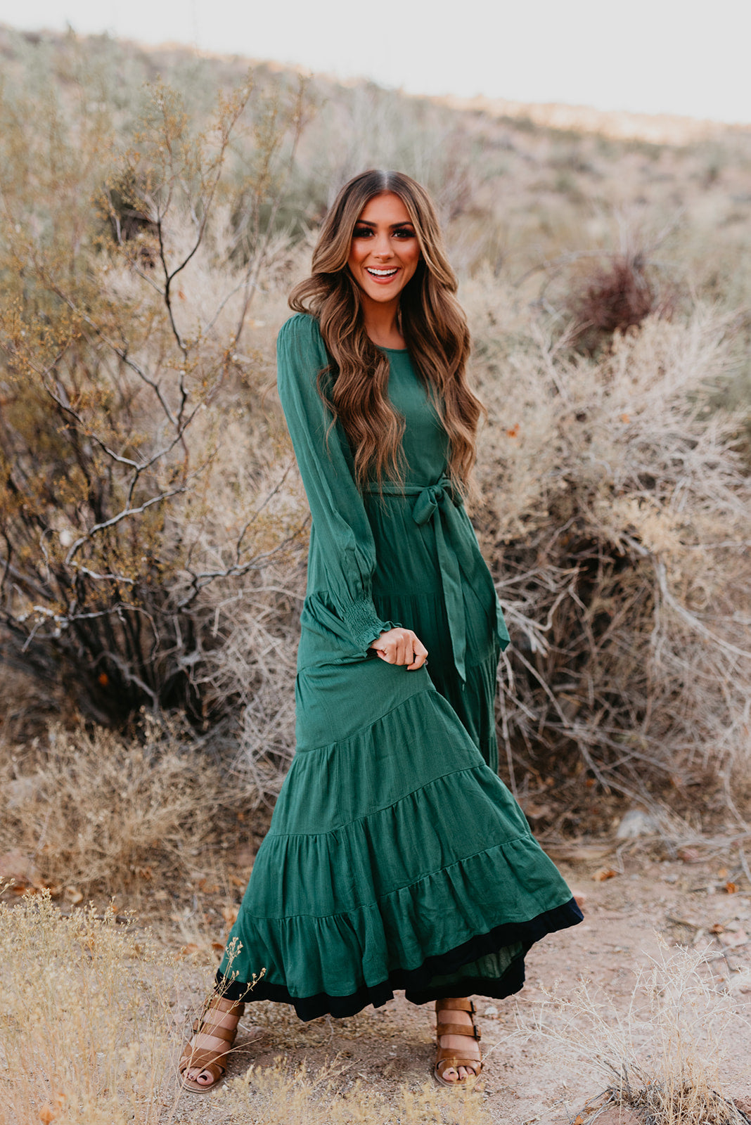 THE ERYN TIERED MAXI DRESS IN FOREST GREEN