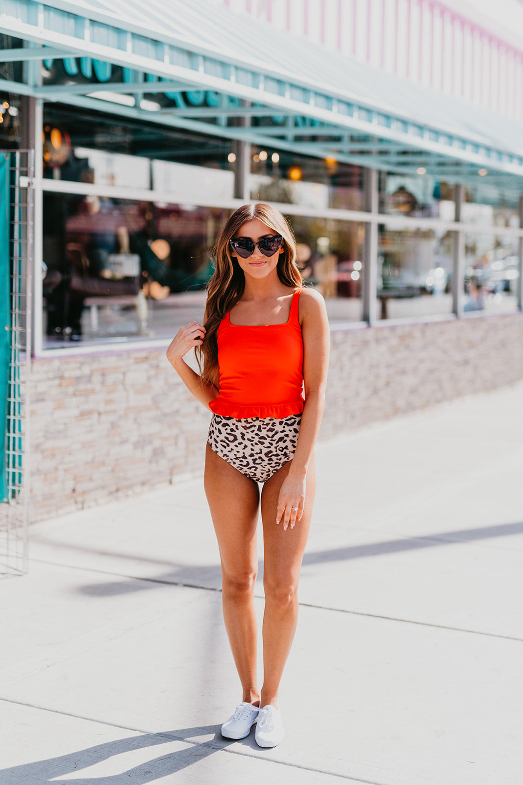 PINK DESERT MINI RUFFLE CROP PEPLUM SWIM TOP IN POPPY