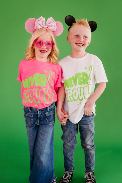 THE NEVER GROW UP KIDS TEE BY HAPPY THREADS X PINK DESERT IN WHITE AND GREEN