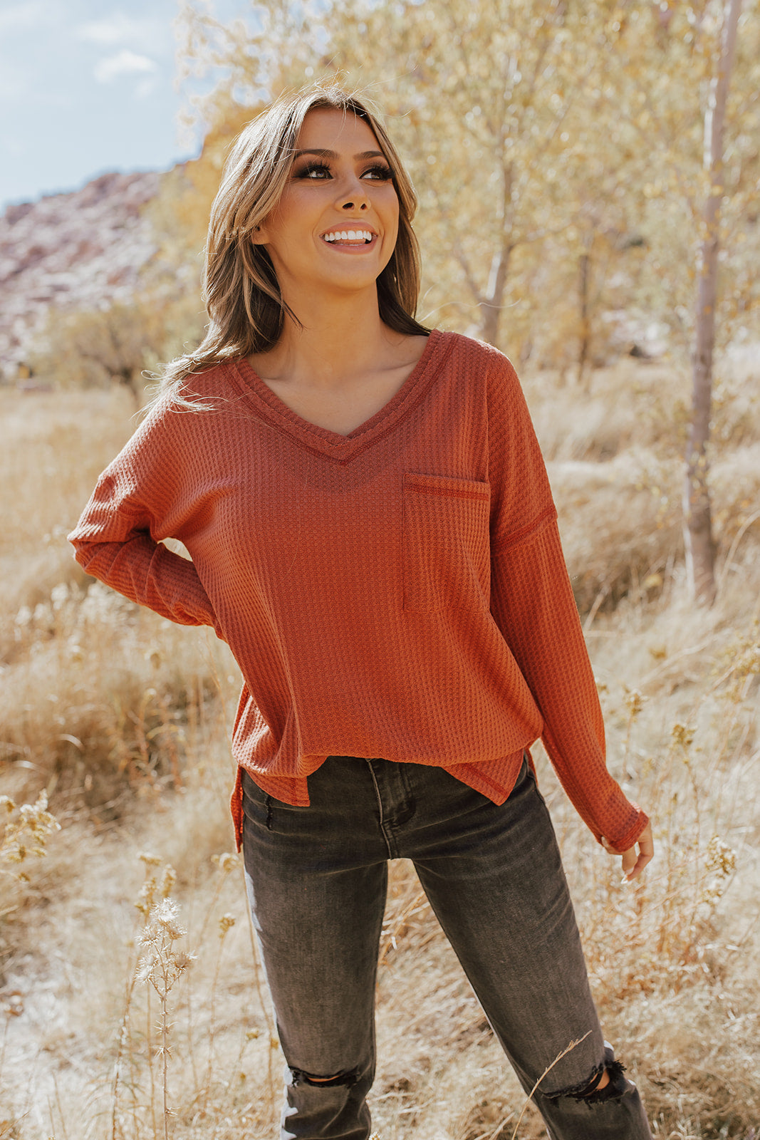 THE INSTANT REPLAY LONG SLEEVE TOP IN RUST