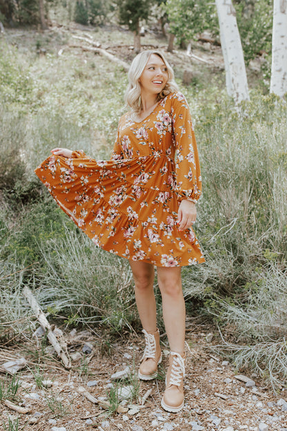 THE FALL FLORAL MIDI DRESS IN CAMEL