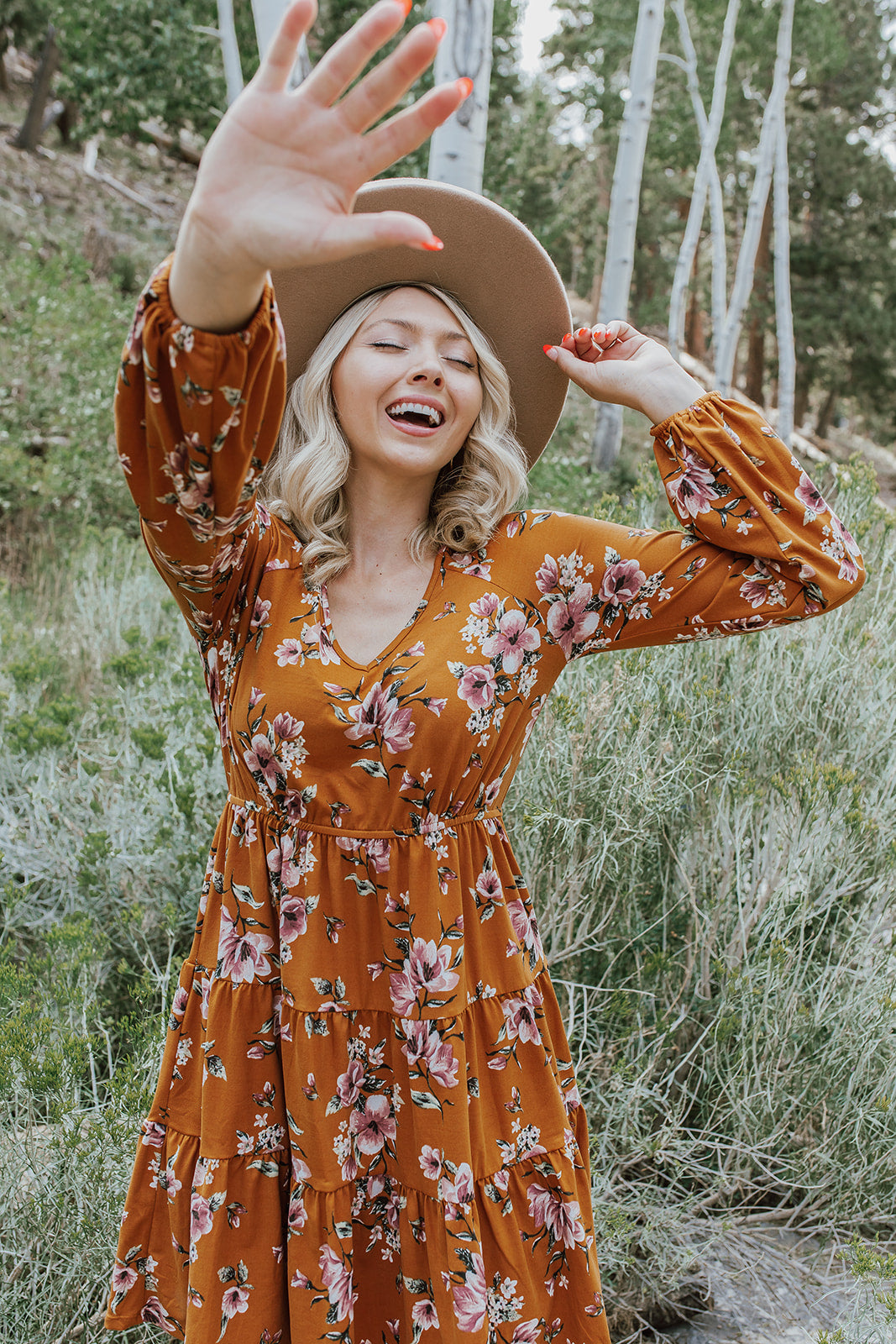 THE FALL FLORAL MIDI DRESS IN CAMEL