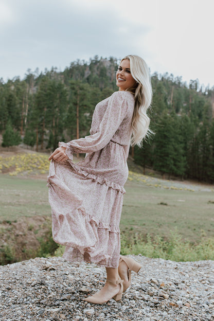THE BLISSFUL FLORAL MIDI DRESS IN TAUPE