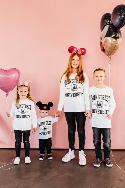 THE UNIVERSITY KIDS LONG SLEEVE TEE BY HAPPY THREADS X PINK DESERT IN WHITE AND BLACK