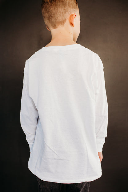 THE UNIVERSITY KIDS LONG SLEEVE TEE BY HAPPY THREADS X PINK DESERT IN WHITE AND BLACK