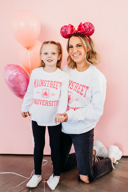 THE UNIVERSITY KIDS LONG SLEEVE TEE BY HAPPY THREADS X PINK DESERT IN PINK AND WHITE