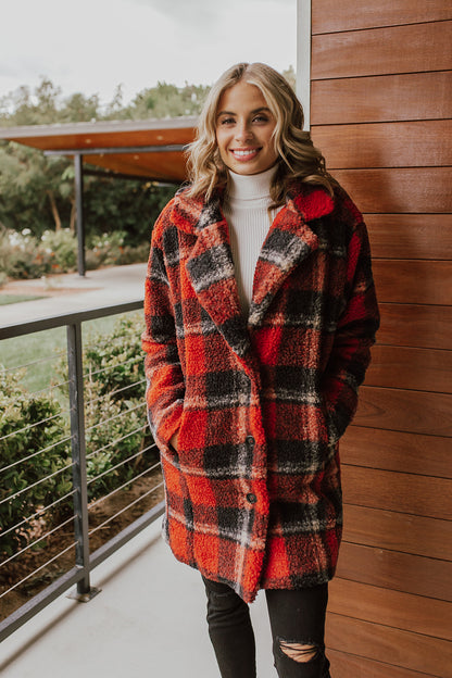 THE WOODLAND SHERPA COAT IN RED PLAID