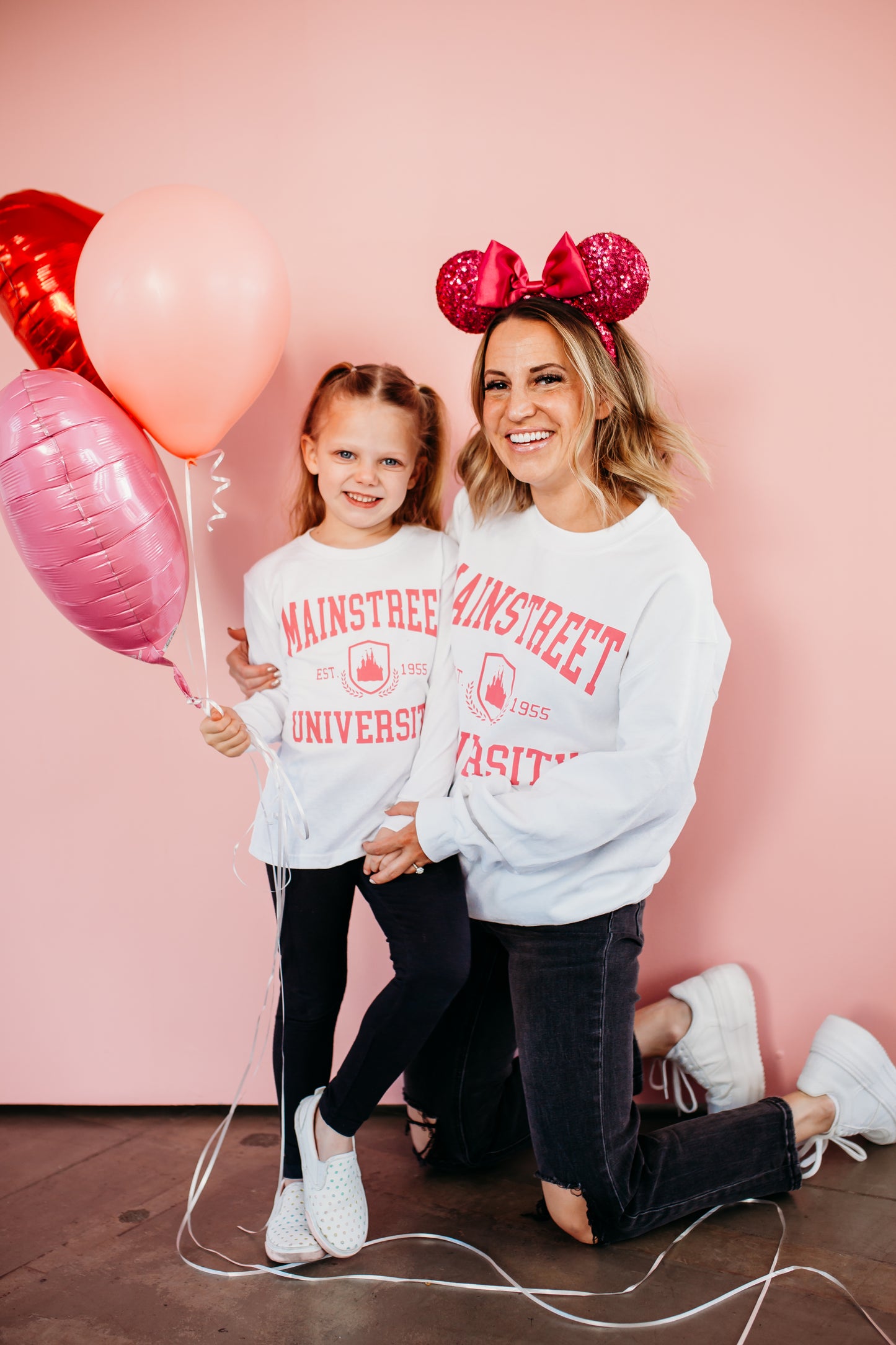 THE UNIVERSITY KIDS LONG SLEEVE TEE BY HAPPY THREADS X PINK DESERT IN PINK AND WHITE