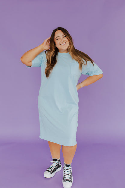 THE EASY DOES IT POCKET T-SHIRT DRESS BY PINK DESERT IN BABY BLUE