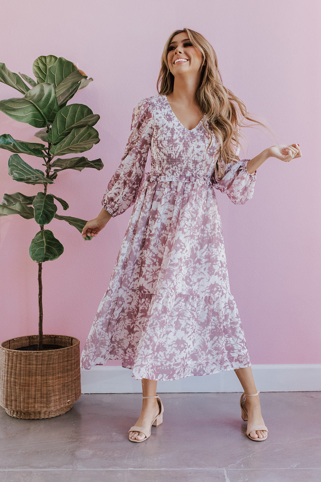 THE MILA SMOCKED MIDI DRESS IN MAUVE TIE DYE