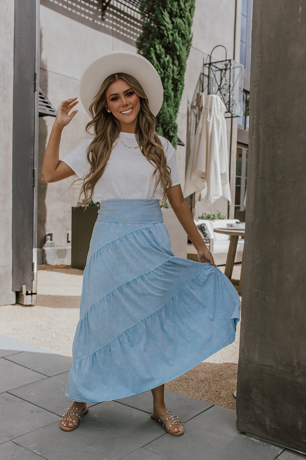THE SUMMER TIERED MAXI SKIRT IN SKY BLUE